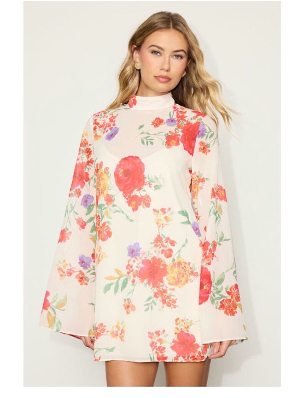 Lulu's Cream Floral Mock Neck Long Sleeve Tunic with Coral Accents